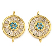 Rack Plating Brass Pave Cubic Zirconia Wheel Connector Charms, Real 18K Gold Plated, Lead Free & Cadmium Free, Long-Lasting Plated, Deep Sky Blue, 18.5x13x3.5mm, Hole: 1.4mm(KK-Z063-29G-02)