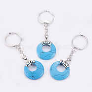 Synthetic Turquoise Keychain, with Platinum Plated Iron Key Rings and Brass Findings, Flat Round, 84mm(KEYC-P041-D02)