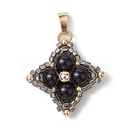 Natural Black Onyx(Dyed & Heated) & Glass Seed Beaded Woven Pendants, Star Charms with 304 Stainless Steel Snap on Bails, Golden, 25x25x6mm, Hole: 6.5x3mm(PALLOY-MZ00365-05)