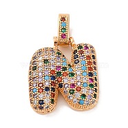 Brass Micro Pave Cubic Zirconia Pendants, Real 18K Gold Plated, Colorful, Letter N, 18.5~24x12.5~25.5x5~5.5mm, Hole: 5x3mm(KK-C076-29N-G02)