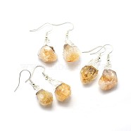 Natural Citrine Dangle Earring, with Brass Findings, Nuggets, Silver Color Plated, 34~38mm, Pin: 0.7mm(EJEW-F173-D02-S)