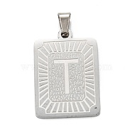 304 Stainless Steel Pendants, Rectangle with Alphabet, Letter.T, 30x20x1.5mm, Hole: 3x6mm(STAS-K216-48T-P)