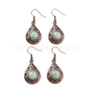 Natural Amazonite Teardrop Dangle Earrings, Red Copper Plated Hollow Brass Earrings for Women, 46.5x19.5mm(EJEW-B055-02R-22)