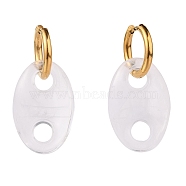 304 Stainless Steel Huggie Hoop Earrings, with Imitation Gemstone Style Acrylic Linking Rings, Oval, Golden, White, 45mm, Pin: 0.8mm(EJEW-JE04340-02)