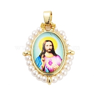Rack Plating Brass Enamel Pendants, with Plastic Imitation Pearl, Long-Lasting Plated, Cadmium Free & Lead Free, Real 18K Gold Plated, Oval with Virgin Mary Charm, Magenta, 28x22.5x6mm, Hole: 4.5x3.5mm(KK-C056-07G-01)