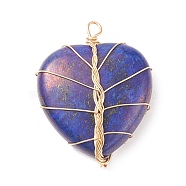 Natural Lapis Lazuli Pendants, with Light Gold Tone Copper Wire Wrapped, Heart, 38~41x30~31x9mm, Hole: 3~4mm(PALLOY-JF01653-03)