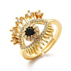 Black Glass Evil Eye Adjustable Ring with Cubic Zirconia, Brass Jewelry for Women, Real 18K Gold Plated, US Size 7 1/4(17.5mm)(KK-H439-34G)