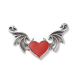 Alloy Emanel Big Pendants, Heart with Wing Charm, Antique Silver, Red, 34x54x3mm, Hole: 1.5mm(FIND-C028-02AS-04)