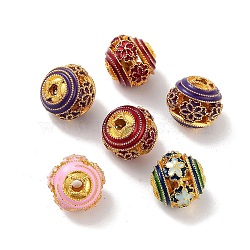 Alloy Enamel Beads, Round with Flower, Golden, Mixed Color, 10.5x10mm, Hole: 1.8mm(ENAM-B001-08S)