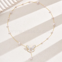 Elegant Brass Enamel Butterfly Imitation Pearl Y Necklaces for Women, Golden, 19.69 inch(50cm)(AF5436-3)