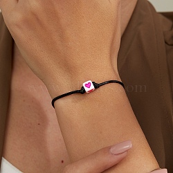 PU Leather Cord Bracelets for Women, Square with Heart, Pink, Inner Diameter: 1/4 inch(0.55cm)~1/4 inch(0.65cm)(WB1863-2)