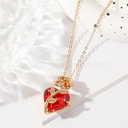 Valentine's Day Heart & Rose Zinc Alloy Ruby Rhinestone Pendant Necklaces for Women, Golden, 18.50 inch(47cm)(FS-WG5EA65-01)