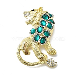 Lion Rhinestones Pins, Golden Alloy Brooches for Backpack Clothes, with Plastic Beads, Green, 74x57mm(JEWB-M051-04G)