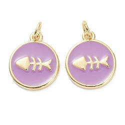 Brass Enamel Pendants, Long-Lasting Plated, Real 18K Gold Plated, Flat Round with Fishbone, Violet, 15.5x13x2mm, Hole: 3mm(ZIRC-J041-04E)