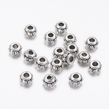 Tibetan Style Spacer Beads, Lead Free, Cadmium Free and Nickel Free, Rondelle, Antique Silver, about 5mm in diameter, 3mm thick, hole: 2mm