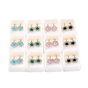 Flower Glass & Polymer Clay Rhinestone Ear Fake Plugs, 304 Stainless Steel Piercing Stud Screw Earrings for Women, Golden, Mixed Color, 9x9mm, Pin: 1mm