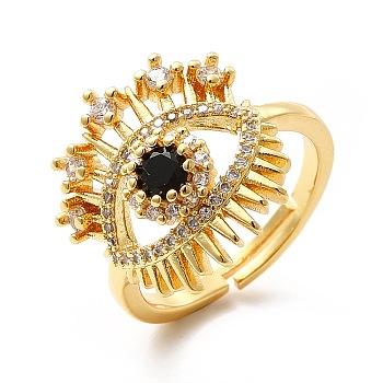 Black Glass Evil Eye Adjustable Ring with Cubic Zirconia, Brass Jewelry for Women, Real 18K Gold Plated, US Size 7 1/4(17.5mm)