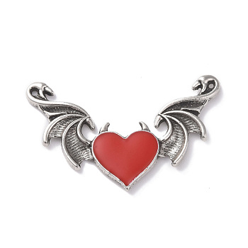 Alloy Emanel Big Pendants, Heart with Wing Charm, Antique Silver, Red, 34x54x3mm, Hole: 1.5mm