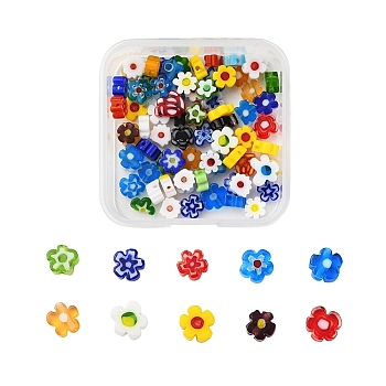 Handmade Millefiori Glass Beads, Flower, Mixed Color, 4~7.2x2.6mm, Hole: 1mm, 76~83pcs/box