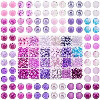 Elite 600Pcs 24 Style Transparent & Frosted & Painted & Crackle & Drawbench & Imitation Jade Glass Beads, Round, Purple, 8~9mm, Hole: 1.3~1.6mm, 25Pcs/style
