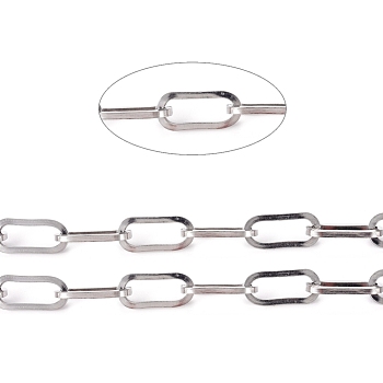 304 Stainless Steel Paperclip Chains, Flat Oval, Drawn Elongated Cable Chains, Unwelded, with Spool, Stainless Steel Color, 13.5x6x1mm, about 32.8 Feet(10m)/roll