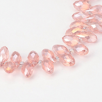 Electroplate Glass Beads Strands, Top Drilled Beads, Faceted Teardrop, AB Color Plated, Pink, 12~13x6mm, Hole: 1mm, about 95~99pcs/strand, 15.7~18 inch