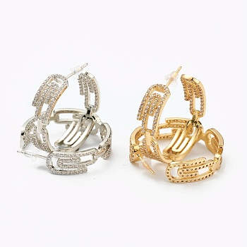 Brass Micro Pave Clear Cubic Zirconia Half Hoop Earrings, Ring with Safety Pin Shape, Mixed Color, 29x28x8mm, Pin: 1mm
