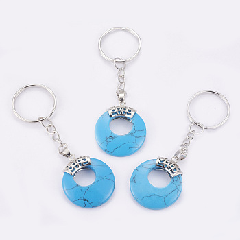 Synthetic Turquoise Keychain, with Platinum Plated Iron Key Rings and Brass Findings, Flat Round, 84mm