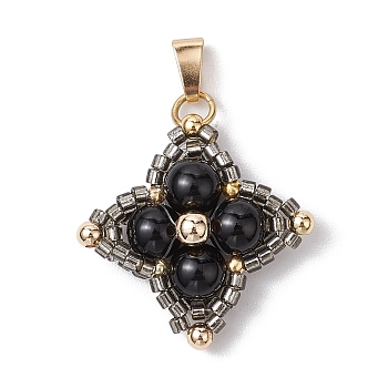 Natural Black Onyx(Dyed & Heated) & Glass Seed Beaded Woven Pendants, Star Charms with 304 Stainless Steel Snap on Bails, Golden, 25x25x6mm, Hole: 6.5x3mm