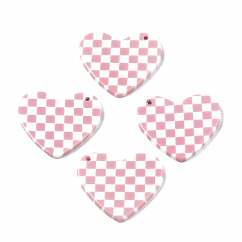Opaque Cellulose Acetate(Resin) Pendants, Heart with Grid Pattern, Pink, 23.5x27.5x2.5mm, Hole: 1.4mm