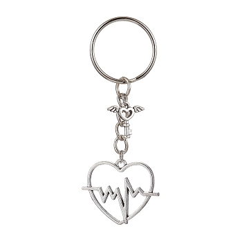 Valentine's Day Heart Alloy Pendant Keychain, with Iron Split Key Rings, Heartbeat, 7.8cm