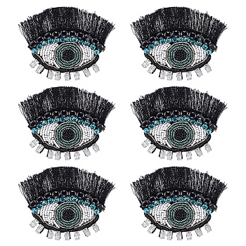 Evil Eye with Eyelash Appliques, Cloth & Seed Bead Handicraft Appliques, Costume Hat Bag Ornament Accessories, Black, 80x117x6mm