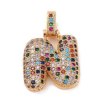 Brass Micro Pave Cubic Zirconia Pendants, Real 18K Gold Plated, Colorful, Letter N, 18.5~24x12.5~25.5x5~5.5mm, Hole: 5x3mm