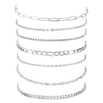 7Pcs 304 Stainless Steel Figaro Chains & Venetian Chains & Water Wave Chains & Cable Chains & Rolo Chains & Curb Chain Bracelets Set for Women, Stainless Steel Color, 7-1/4~7-3/8 inch(18.3~18.8cm)