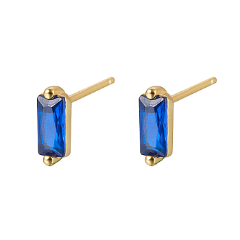 Cubic Zirconia Rectangle Stud Earrings, Golden 925 Sterling Silver Post Earrings, with 925 Stamp, Blue, 7.8x3mm