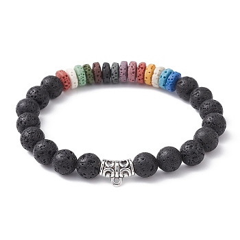 Dyed Natural Lava Rock Beaded Stretch Bracelets for Women, with Alloy Tube Beaded, Colorful, Inner Diameter: 2-1/4 inch(5.7cm)