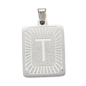 304 Stainless Steel Pendants, Rectangle with Alphabet, Letter.T, 30x20x1.5mm, Hole: 3x6mm