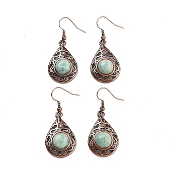 Natural Amazonite Teardrop Dangle Earrings, Red Copper Plated Hollow Brass Earrings for Women, 46.5x19.5mm