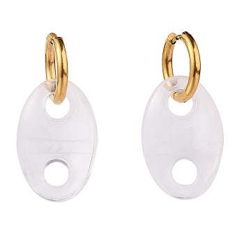 304 Stainless Steel Huggie Hoop Earrings, with Imitation Gemstone Style Acrylic Linking Rings, Oval, Golden, White, 45mm, Pin: 0.8mm