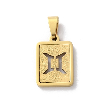 304 Stainless Steel Twelve Constellations Pendants, Real 18K Gold Plated, Rectangle Charm, Gemini, 17.5x12x2mm, Hole: 7.5x3.5mm