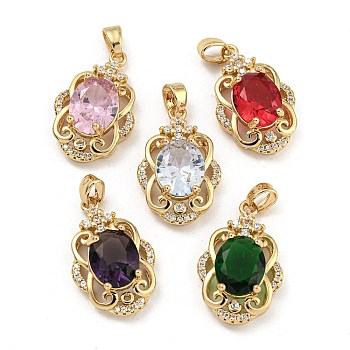 Brass Micro Pave Clear Cubic Zirconia Pendants, with Glass, Flower, Mixed Color, 22x14x7mm, Hole: 4x2.5mm