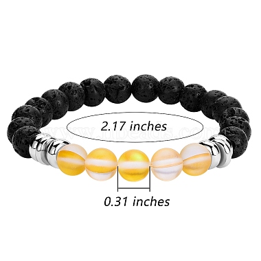 Synthetic Moonstone & Natural Lava Rock Round Beaded Stretch Bracelet(BJEW-SW00060-04)-7