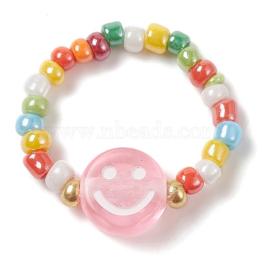 Glass Seed & Acrylic Smiling Face Beaded Stretch Ring(RJEW-JR00575)-4