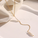 Natural Keshi Pearl Stick Pendant Stainless Steel Long Y Necklaces for Women, White, Real 18K Gold Plated, 16.54 inch(42cm)(SV1483)