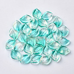 Transparent Spray Painted Glass Pendants, with Glitter Powder, Leaf, Turquoise, 16x11.5x3.5mm, Hole: 1.5mm(GLAA-S054-001B-04)