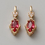 Brass Micro Pave Cubic Zirconia Pendants, Rhombus Charms, Red, 18.5x7x4.5mm, Hole: 3.5x1.5mm(KK-WH0095-09D)