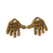 Tibetan Style Alloy Charms, Hand Palm with Word Hand Made, Antique Bronze, Cadmium Free & Nickel Free & Lead Free, 12.5x13x1mm, Hole: 1mm(X-MLF0073Y-NF)