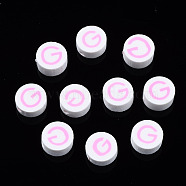 Handmade Polymer Clay Beads, Flat Round with Alphabet, White, Letter.G, 9x3.5~5mm, Hole: 1.6mm(CLAY-N011-031G)
