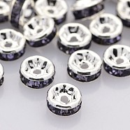 Brass Rhinestone Spacer Beads, Grade A, Straight Flange, Silver Color Plated, Rondelle, Tanzanite, 6x3mm, Hole: 1mm(RB-A014-Z6mm-18S)