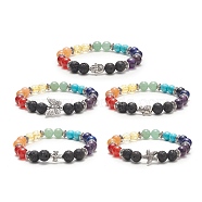 Natural & Synthetic Mixed Gemstone Round Beaded Stretch Bracelet, Alloy Adjustable Bracelet for Women, Mixed Shapes, Inner Diameter: 2-1/8 inch(5.5cm)(BJEW-JB09261)
